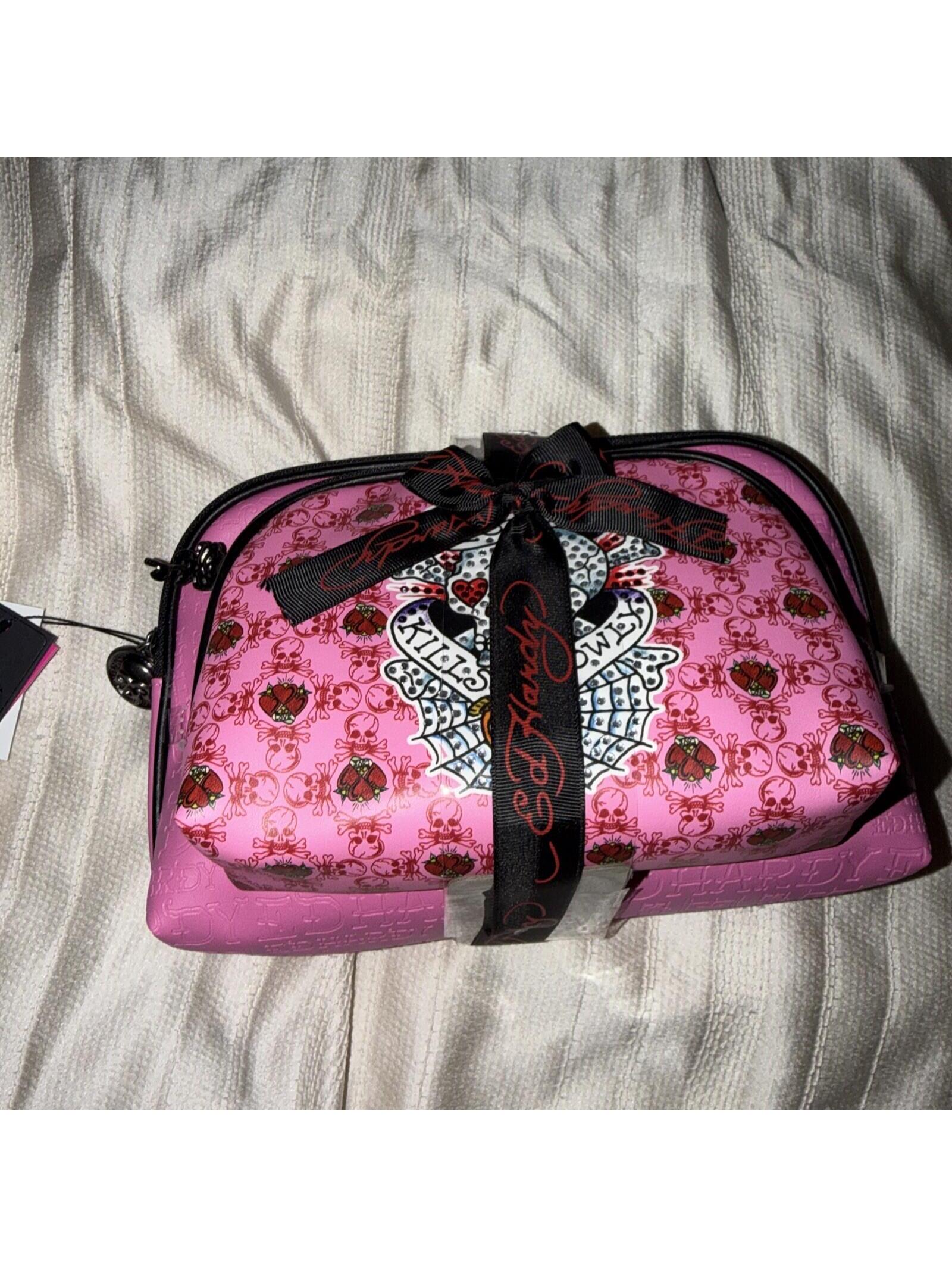 Ed Hardy Womens Pink 2pc Cosmetic Bag Set Brand New